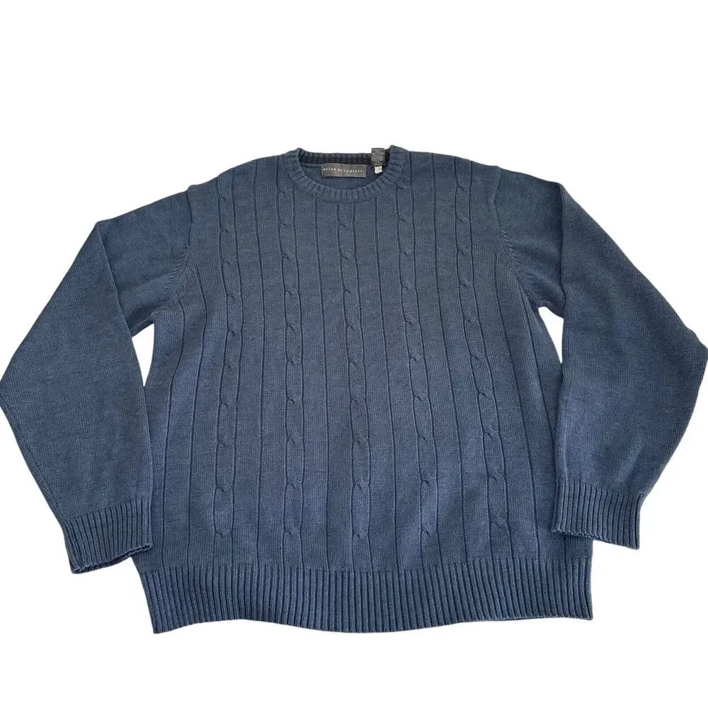 Oscar De La Renta Pullover Sweater Men Size Large Blue Cable Knit Preppy Causal